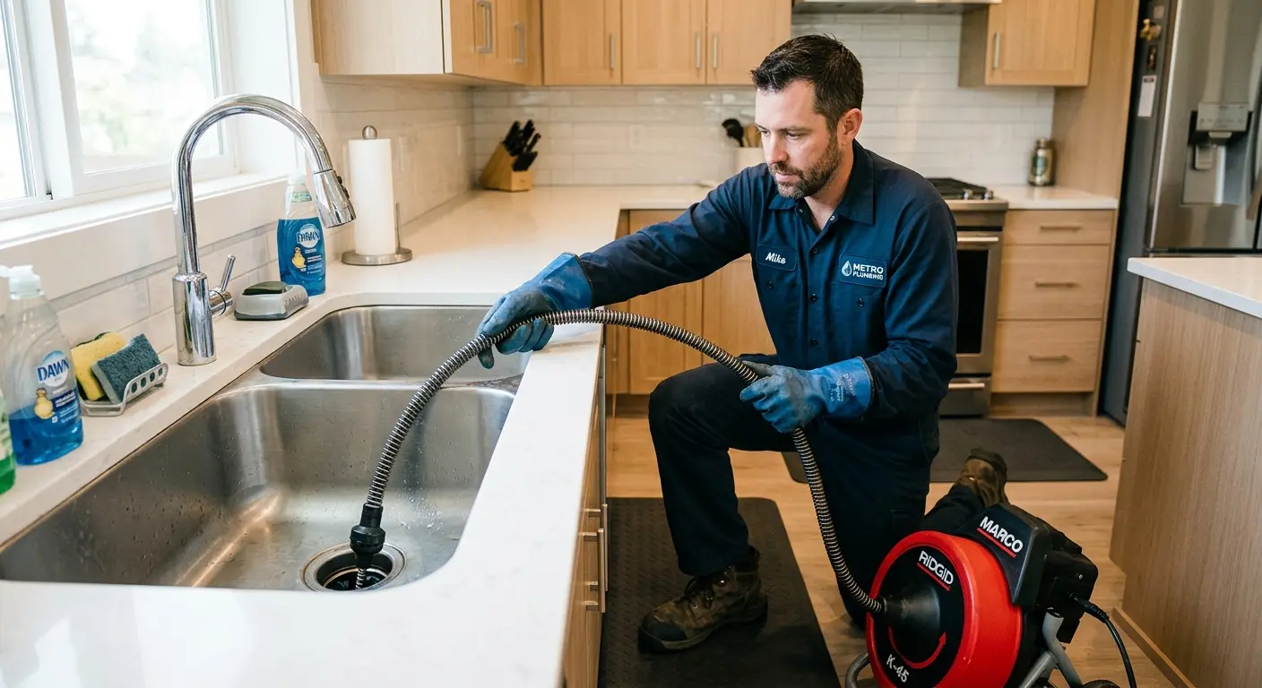 Drain cleaning technician using a motorized snake on a kitchen sink in Norwell