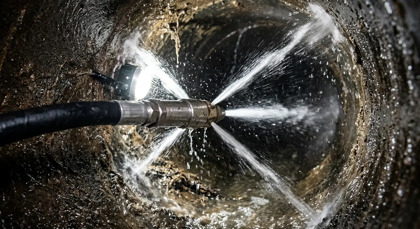High-pressure hydro jetting nozzle cleaning sewer pipe for Trenchless Sewer Repair in Norwell