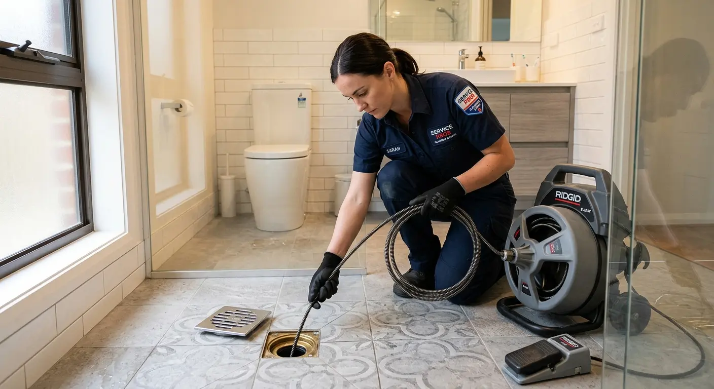 Technician clearing a bathroom floor drain for Drain Cleaning in Norwell